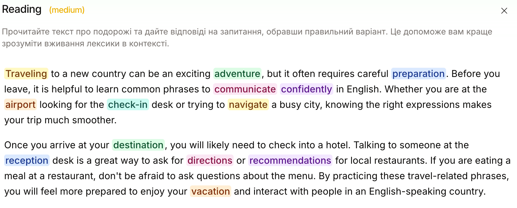 Close-up on the highlighting system — recurring words keep the same pastel colour across paragraphs
