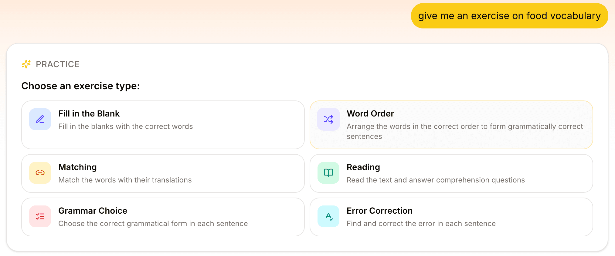 Exercise type picker after the user asks for 'an exercise on food vocabulary'