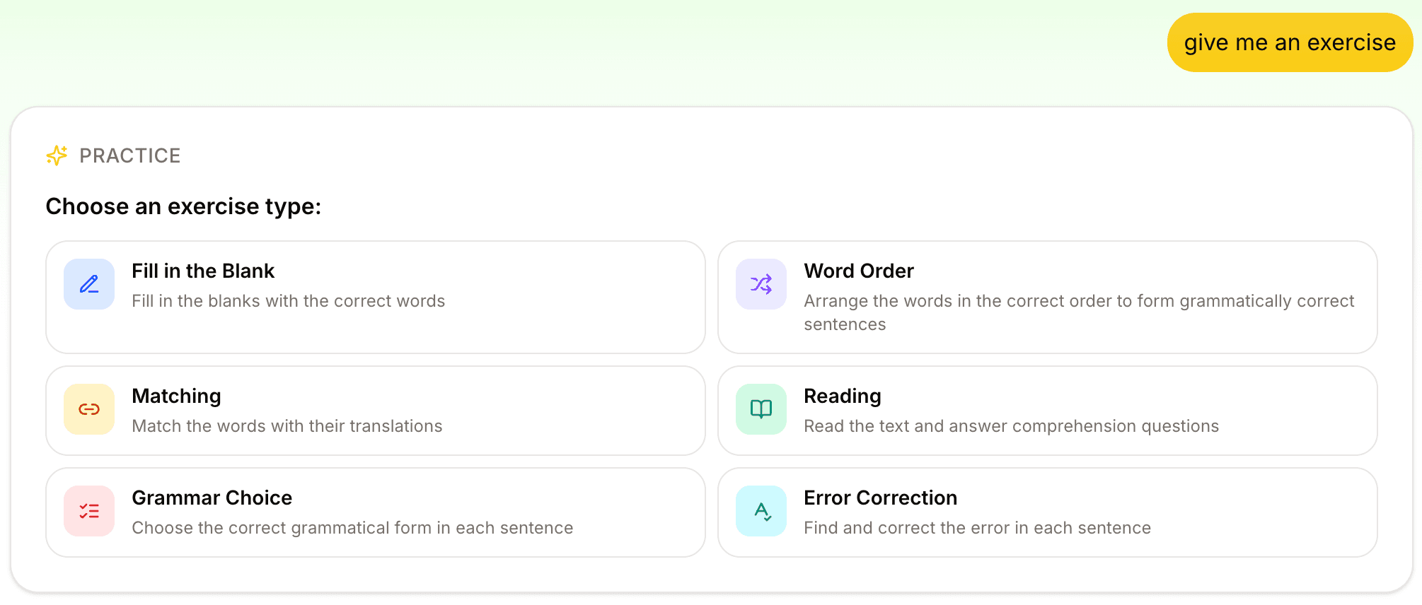 Exercise type picker open in chat — all six exercise types as tiles