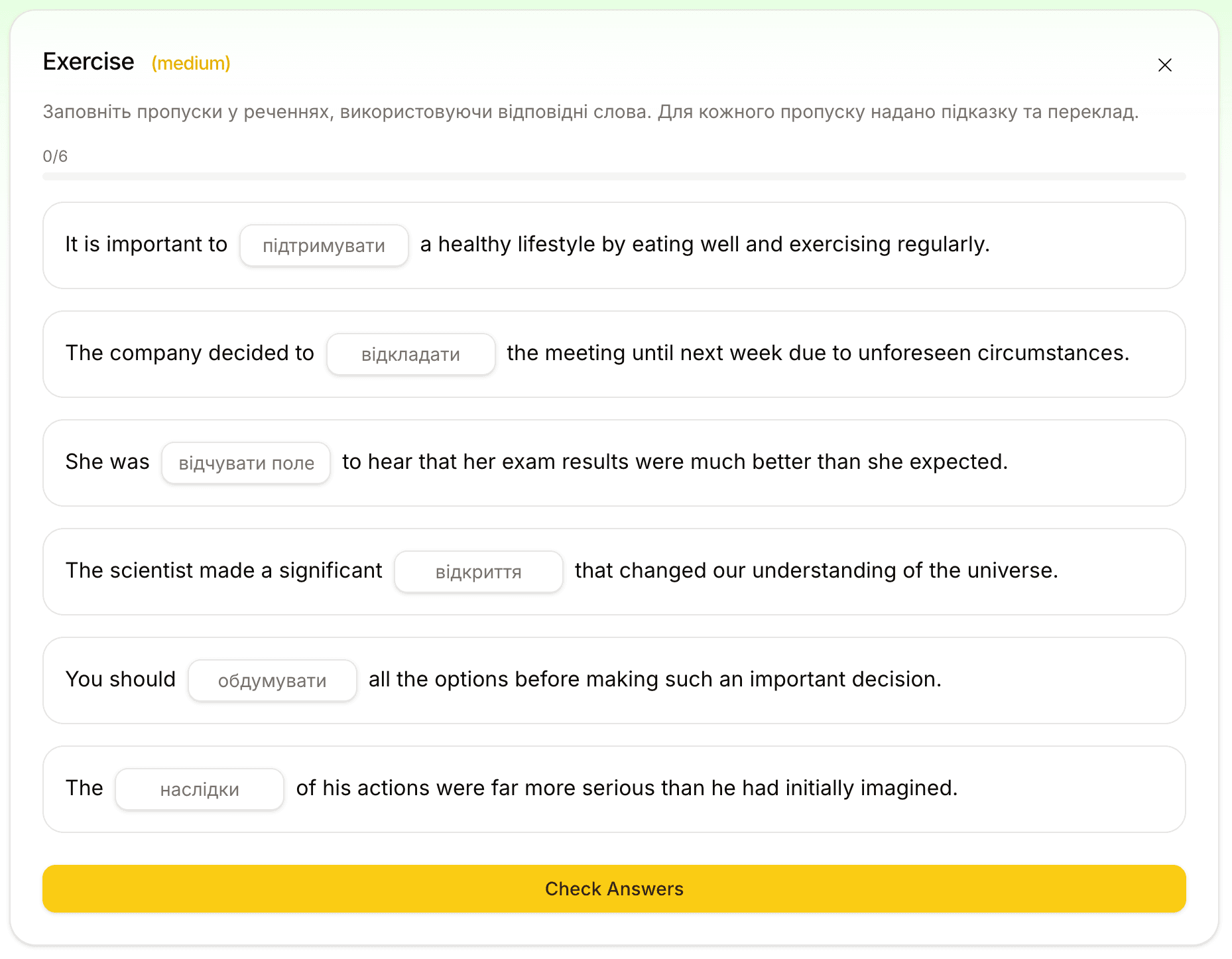 Fill-in-the-blank exercise with translation hints under each sentence