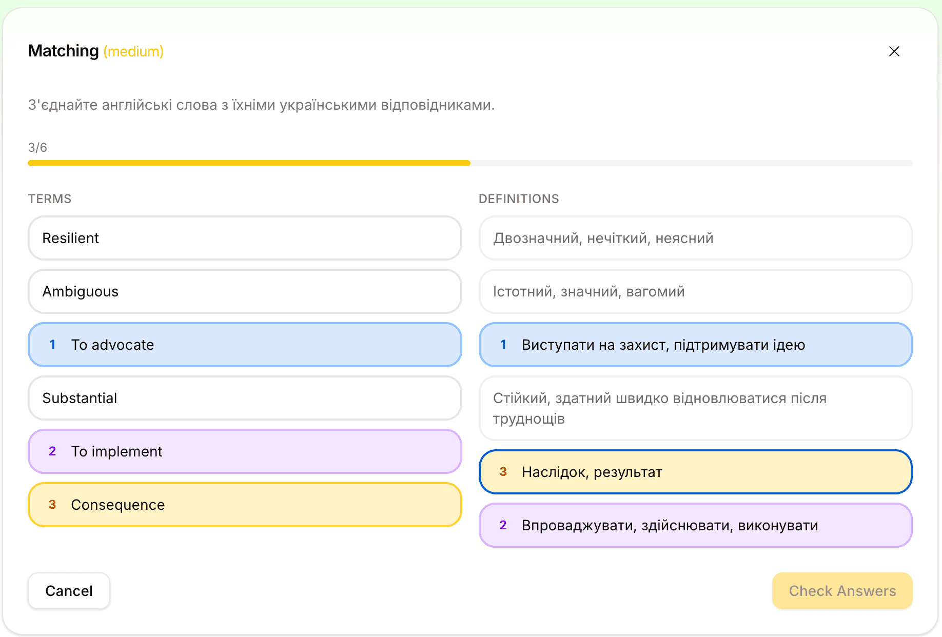Matching exercise — target-language terms on the left, native-language definitions on the right