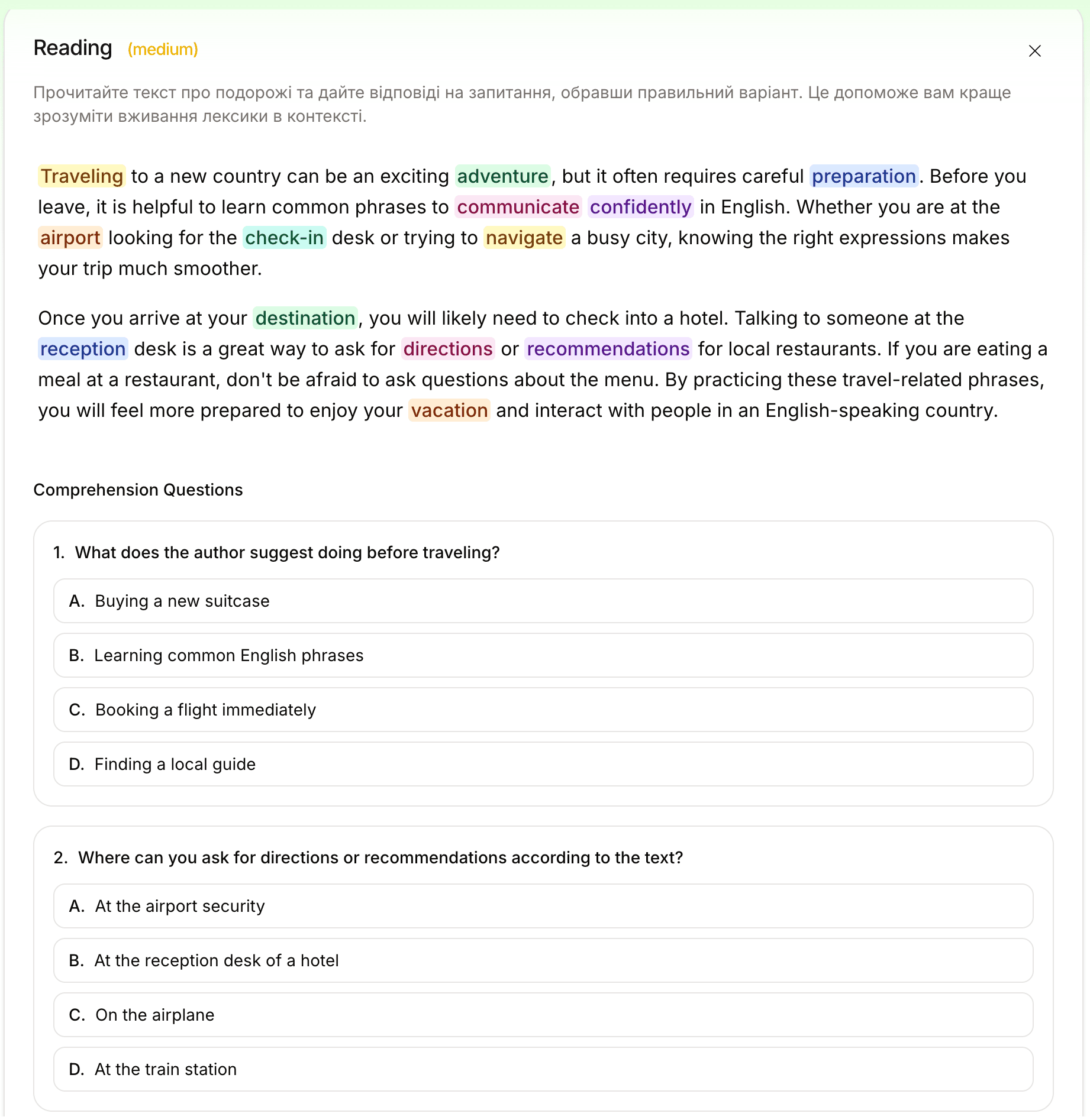 Reading comprehension exercise — passage with pastel highlights and a multiple-choice question